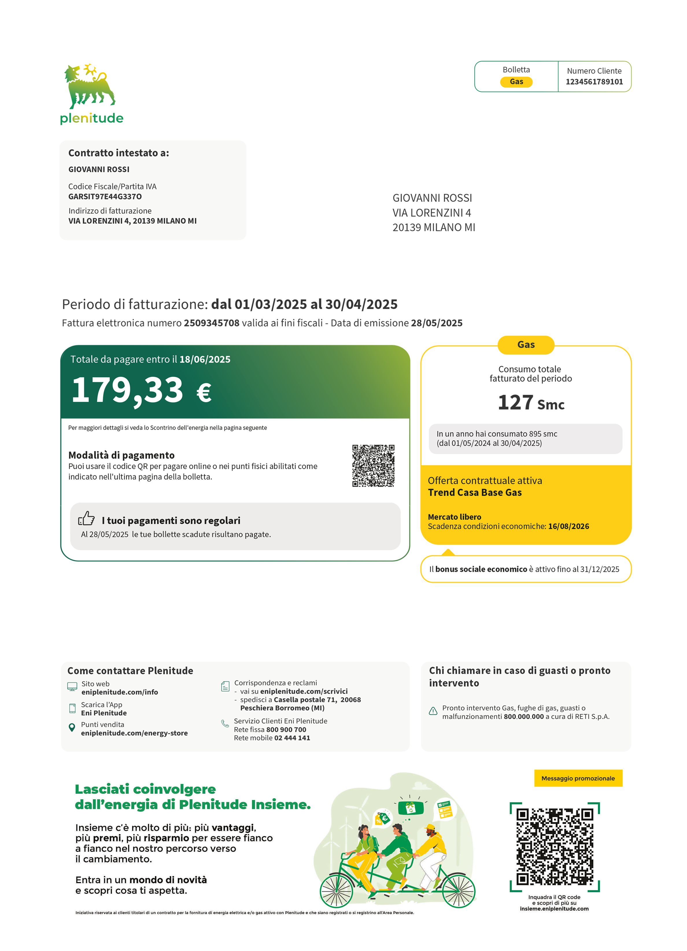 Prima pagina di una bolletta Plenitude per il gas con dettagli del cliente, periodo di fatturazione, importo totale da pagare, consumo e informazioni contrattuali. Include un codice QR per pagamenti, informazioni di contatto e indicatori verdi che evidenziano sezioni chiave come dati intestatario, importo, opzioni di pagamento e stato dei pagamenti.